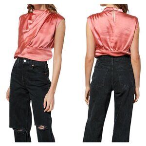 Line & Dot Este Satin Draped Sleeveless Blouse in Coral Pink | Size Small NWT